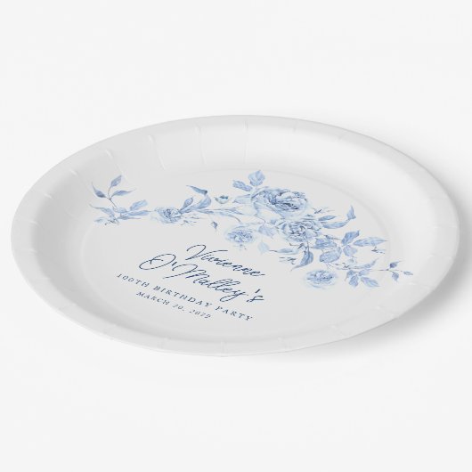 Assiettes En Carton 100e fête d'anniversaire Rose bleu Floral Custom (Angle)