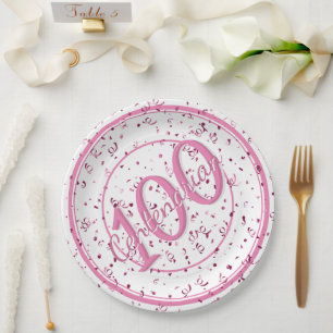 Assiettes En Carton 100e Soirée Centenaire Elégante Rose/Blanc