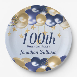 Assiettes En Carton 100th Birthday Navy Gold Balloons Party