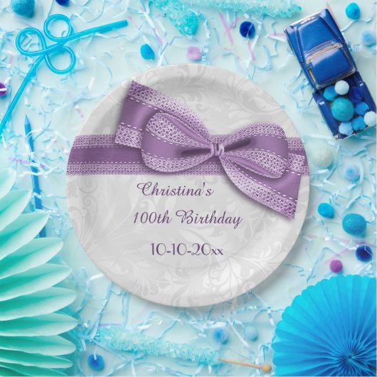 Assiettes En Carton 100th Damassé d'anniversaire et arc pourpres de (Fête)
