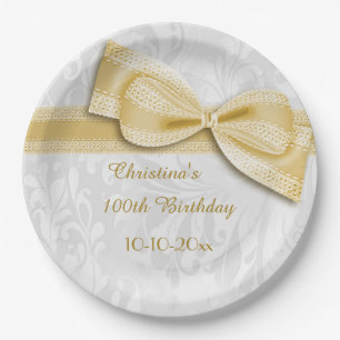 Assiettes En Carton 100th Damassé d'or d'anniversaire et arc de Faux