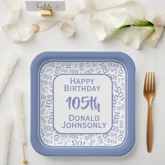 Assiettes En Carton 105e Motif du numéro aléatoire bleu/blanc (Mariage)