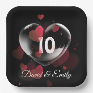 Assiettes En Carton 10e Anniversaire Bulle cardiaque avec Coeurs rouge