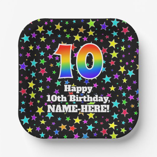 Assiettes En Carton 10e anniversaire : Fun Stars Motif et Rainbow "10" (Recto)