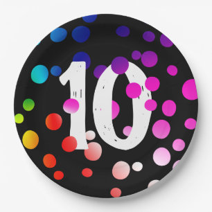 Assiettes En Carton 10e anniversaire Points Arc-en-ciel sur Plaques en