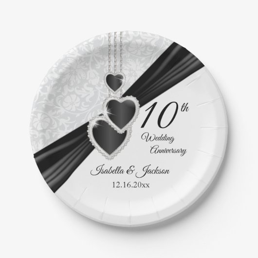 Assiettes En Carton 10e Damas blanc avec accents noirs (Devant)