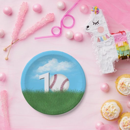 Assiettes En Carton 10ème Anniversaire Baseball En Herbe Verte (Fête)