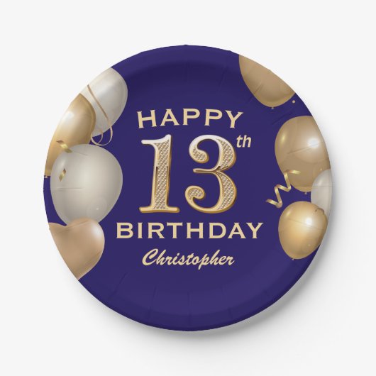 Assiettes En Carton 13e anniversaire de la fête Marine Bleu et Ballons (Devant)