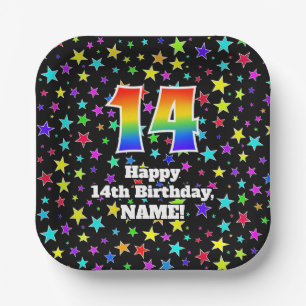Assiettes En Carton 14e anniversaire : Fun Stars Motif et Rainbow "14"