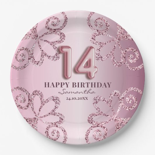 Assiettes En Carton 14e anniversaire Pink Princess Parties scintillant (Devant)
