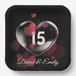 Assiettes En Carton 15e Anniversaire Bulle cardiaque avec Coeurs rouge