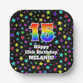 Assiettes En Carton 15e anniversaire : Fun Stars Motif et Rainbow "15" (Recto)