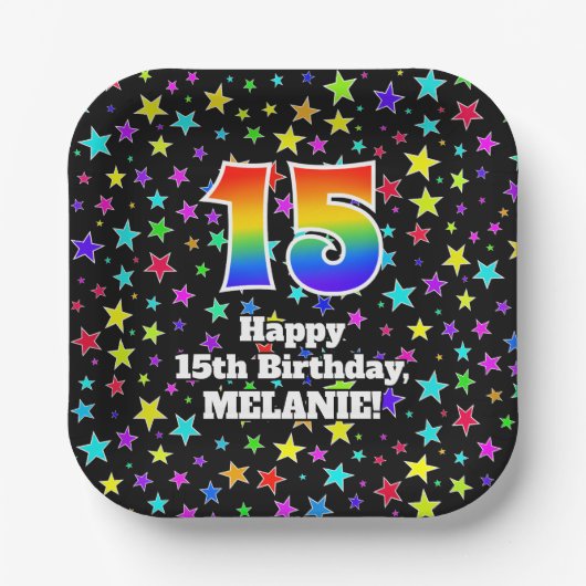 Assiettes En Carton 15e anniversaire : Fun Stars Motif et Rainbow "15" (Recto)