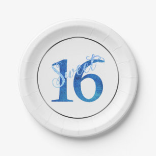 Assiettes En Carton 16 ans Aquarelle bleue et Faux Parties scintilla