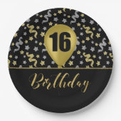 Assiettes En Carton 16 Or Ballon d'anniversaire sur Black Gold Confett (Devant)