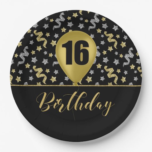 Assiettes En Carton 16 Or Ballon d'anniversaire sur Black Gold Confett (Devant)