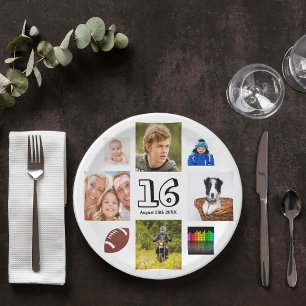 Assiettes En Carton 16e anniversaire fête photo collage garçon blanc
