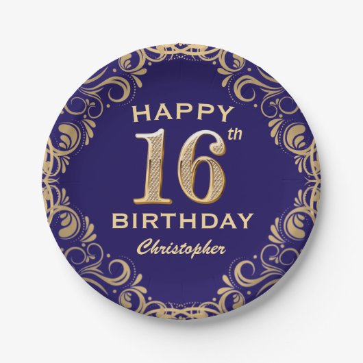 Assiettes En Carton 16e anniversaire Parties scintillant marine bleu e (Devant)