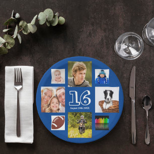 Assiettes En Carton 16e anniversaire photo collage bleu garçon