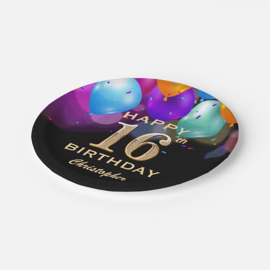 Assiettes En Carton 16e fête d'anniversaire Ballons noirs et or (Angle)