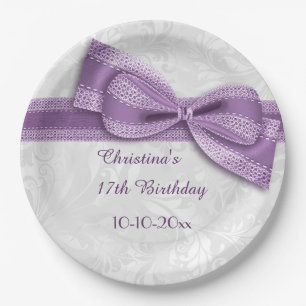 Assiettes En Carton 17e Anniversaire Damassé Violet et Nœud Papillon F