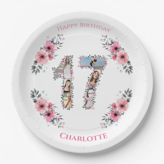 Assiettes En Carton 17e anniversaire Photo Collage Fille Rose Fleur Bl (Devant)