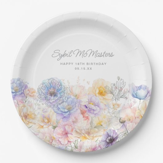 Assiettes En Carton 18e anniversaire Aquarelle d'été Floral Custom (Devant)