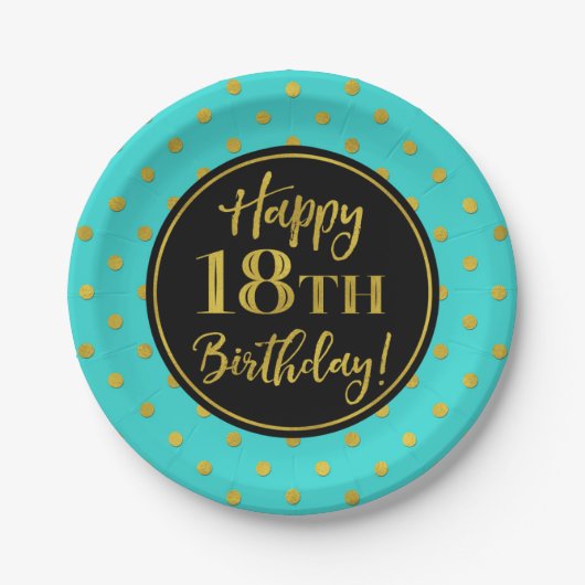 Assiettes En Carton 18e anniversaire de fête Turquoise Black Gold Dots (Devant)
