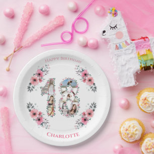 Assiettes En Carton 18e anniversaire Photo Collage Fille Rose Fleur Bl