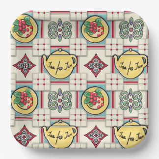 Assiettes En Carton 1940 Motif de cuisine avec théières jaunes