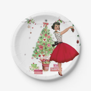 Assiettes En Carton 1950 Femme de Noël avec arbre de Noël