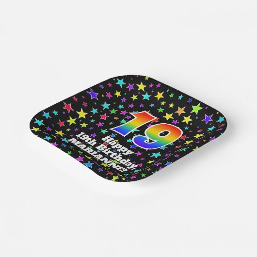 Assiettes En Carton 19e anniversaire : Fun Stars Motif et Rainbow "19" (Angulaire)