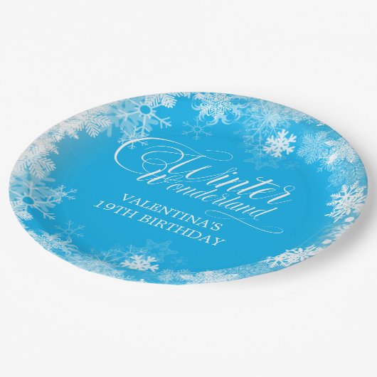 Assiettes En Carton 19e anniversaire hiver Wonderland Snowflake bleu (Angle)