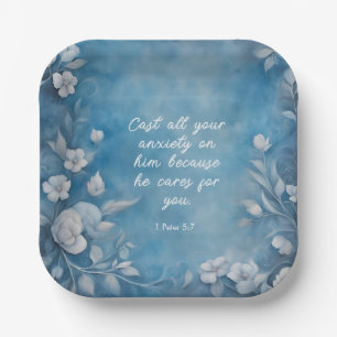Assiettes En Carton 1 Pierre 5:7 « Déversez toutes vos anxiétés » Bleu