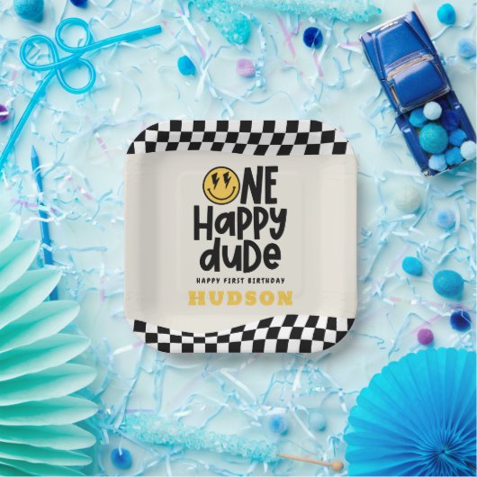 Assiettes En Carton 1anniversaire sourire visage rétro noir blanc supe (Fête)