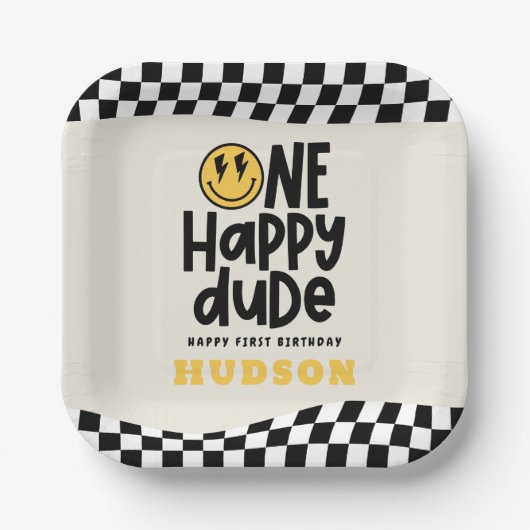 Assiettes En Carton 1anniversaire sourire visage rétro noir blanc supe (Recto)