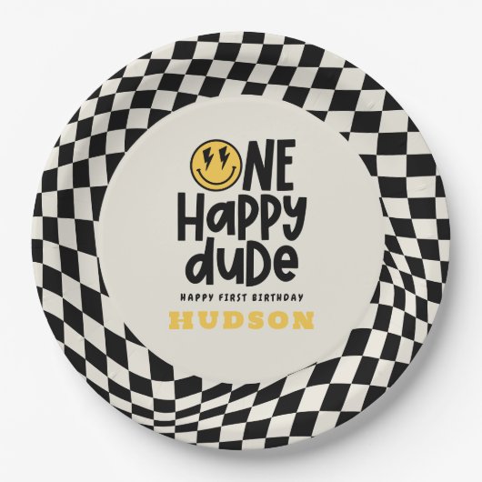 Assiettes En Carton 1anniversaire sourire visage rétro noir blanc supe (Devant)