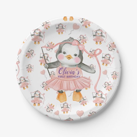 Assiettes En Carton 1er anniversaire Ballerina Penguin rose (Devant)