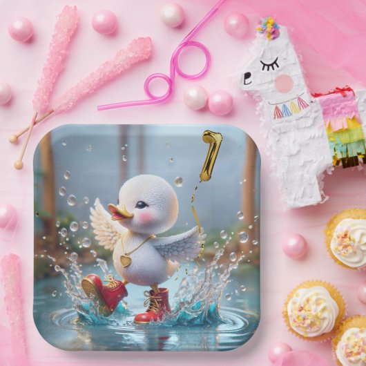 Assiettes En Carton 1er anniversaire Duck Dancing In the Rain Puddle (Fête)