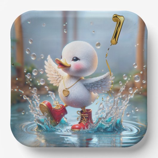 Assiettes En Carton 1er anniversaire Duck Dancing In the Rain Puddle (Recto)