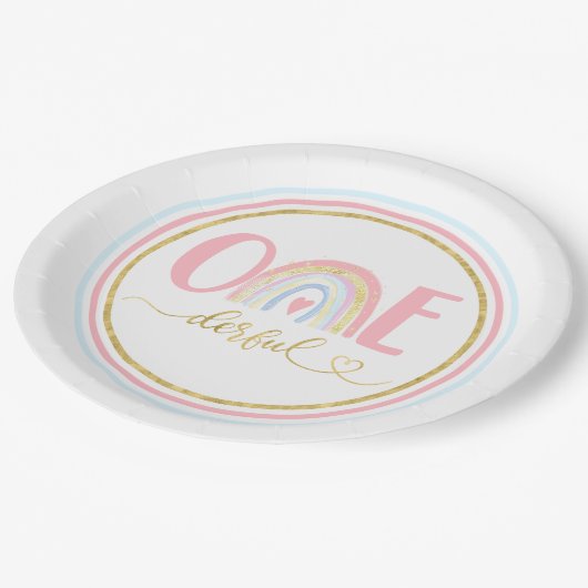 Assiettes En Carton 1er anniversaire fêté Pastel Arc-en-ciel (Angle)
