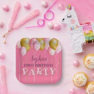 Assiettes En Carton 1er Anniversaire Fille Rose & Or Balloon Anniversa
