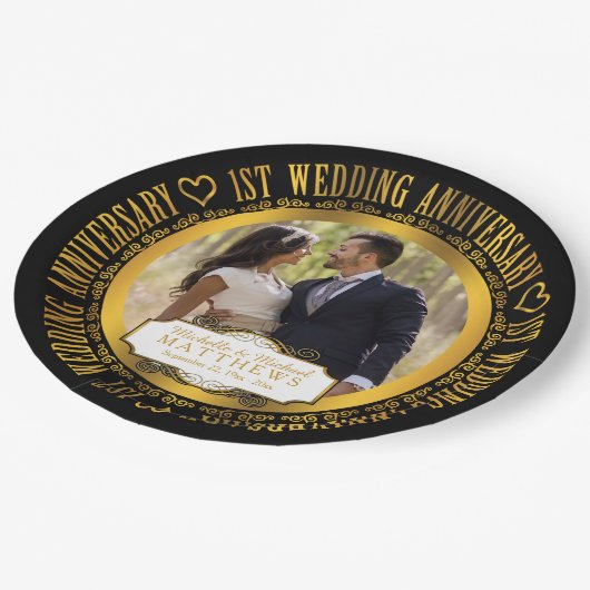 Assiettes En Carton 1er anniversaire Mariage photo noir | Tonton or (Angle)