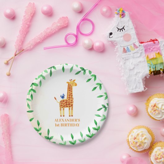 Assiettes En Carton 1er anniversaire mignonne Giraffe & Bird Whimsical (Fête)