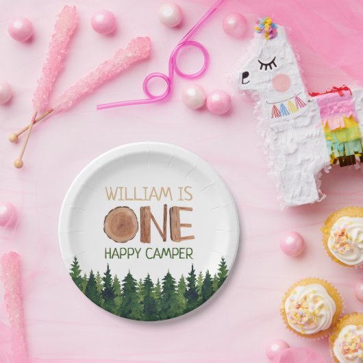 Assiettes En Carton 1er Anniversaire Nom Rustic One Happy Camper (Fête)