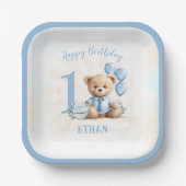 Assiettes En Carton 1er Anniversaire Numéro Ours Bleu Carré Plaques pa (Recto)