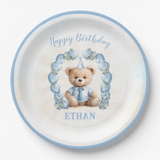 Assiettes En Carton 1er Anniversaire Ours Bleu Balloon Plaques Papier (Devant)