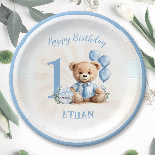 Assiettes En Carton 1er Anniversaire Ours Bleu Plaques en papier