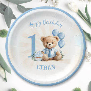 Assiettes En Carton 1er Anniversaire Ours Bleu Plaques en papier