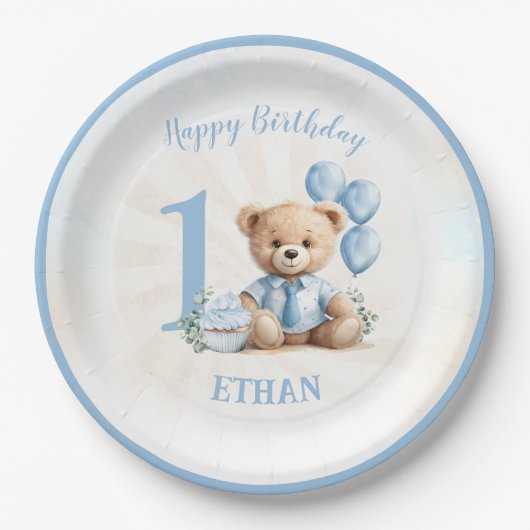 Assiettes En Carton 1er Anniversaire Ours Bleu Plaques en papier (Devant)